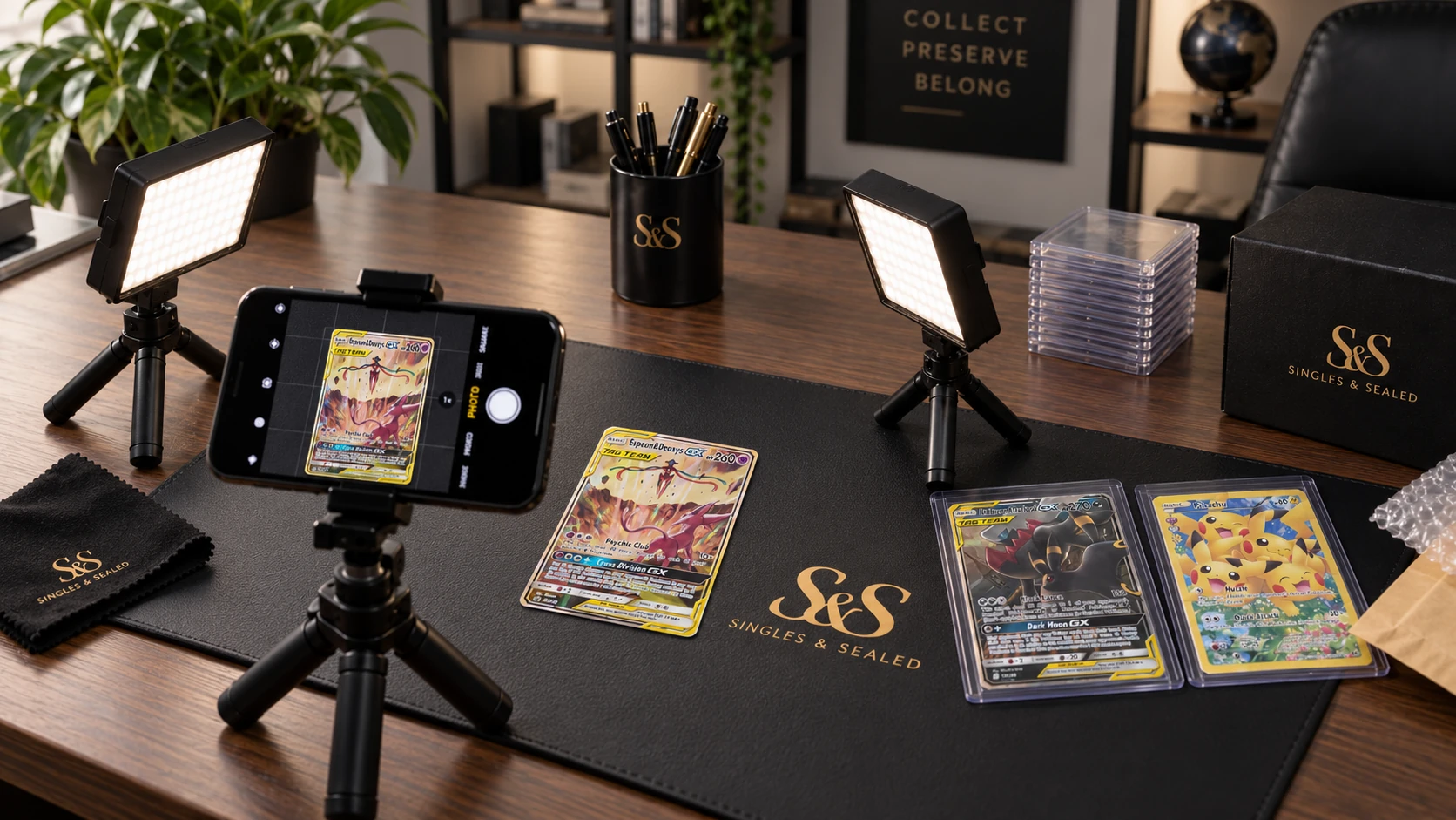 Singles & Sealed collectorwerkplek met trading cards